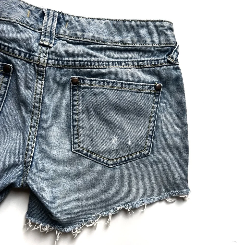 Free People Jean Shorts Distressed Raw Hem Mid Rise blue